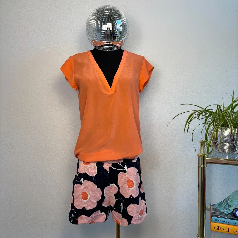 Anthropologie Georgie Scalloped Shorts Navy‎ Pink Floral High Rise Size 10
